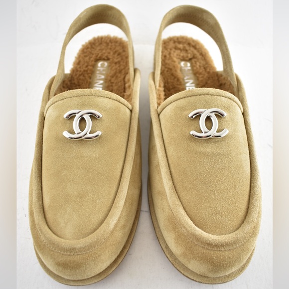 Chanel Dark Beige Suede Shearling CC Moccasin Ballet Slingback Loafer Flat 41 - Picture 6 of 16